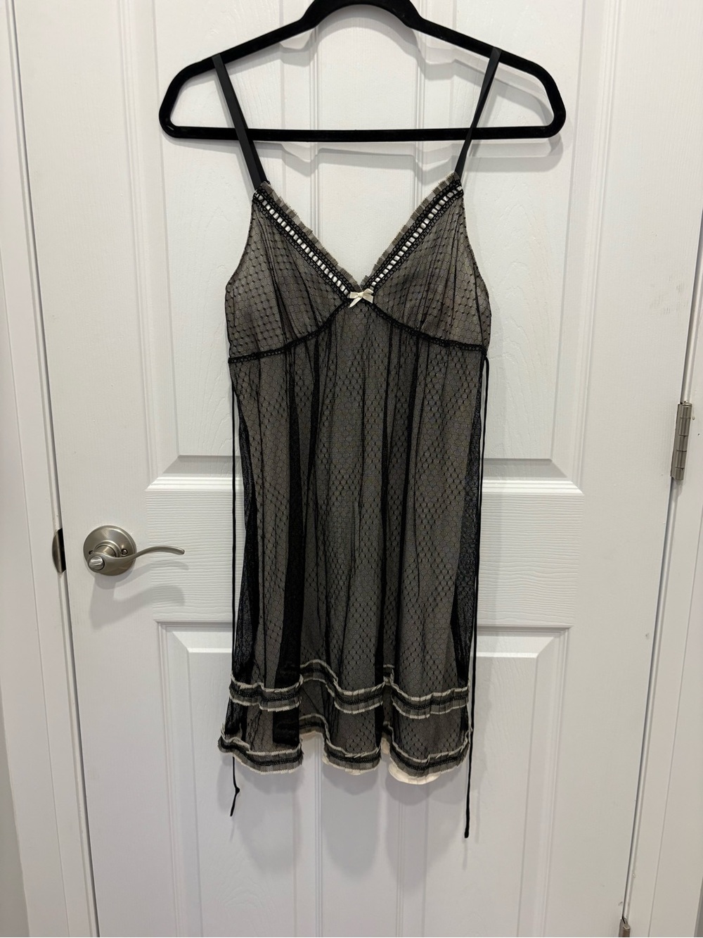 Oscar de la Renta Sleepwear Black Sheer Mesh Chemise with Ivory Trim